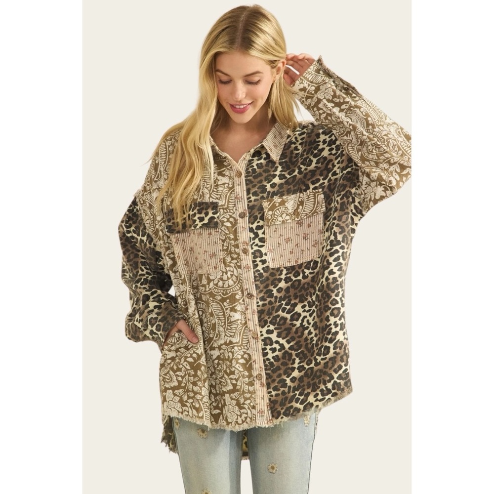 Oli & Hali Brown Tan Paisley Leopard Button Down Shirt